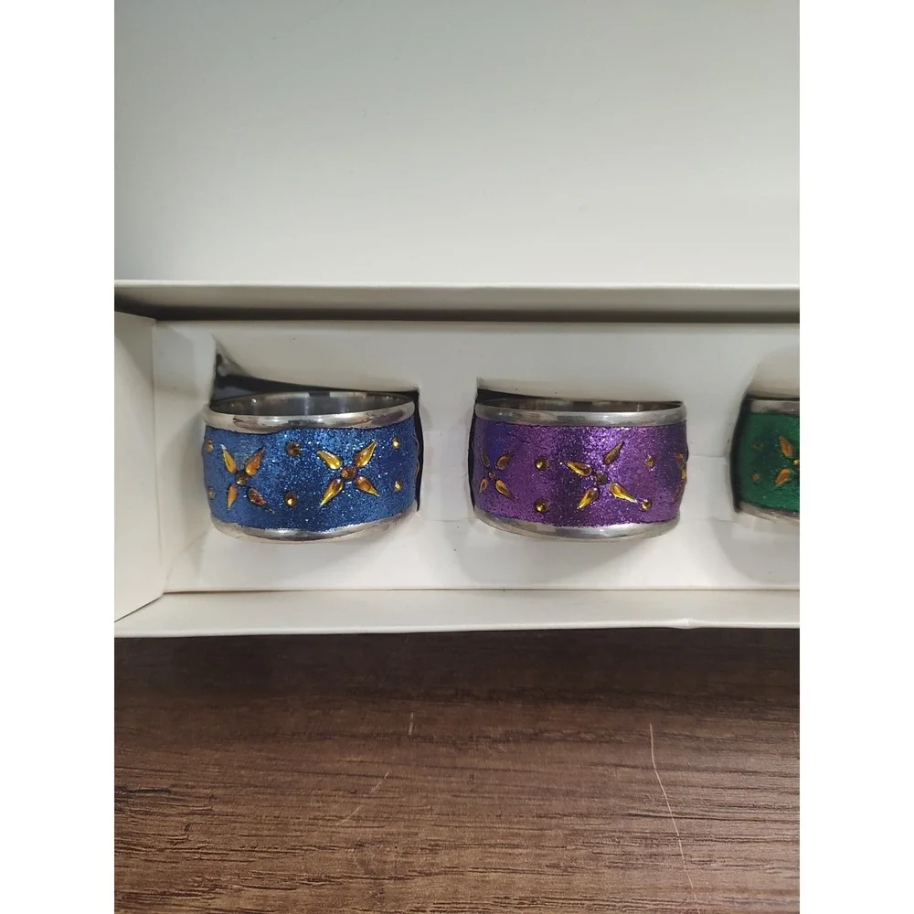 Pier 1 Napkin Rings India Multicolor Glitter Metal Floral Jeweled Set of 4 V1